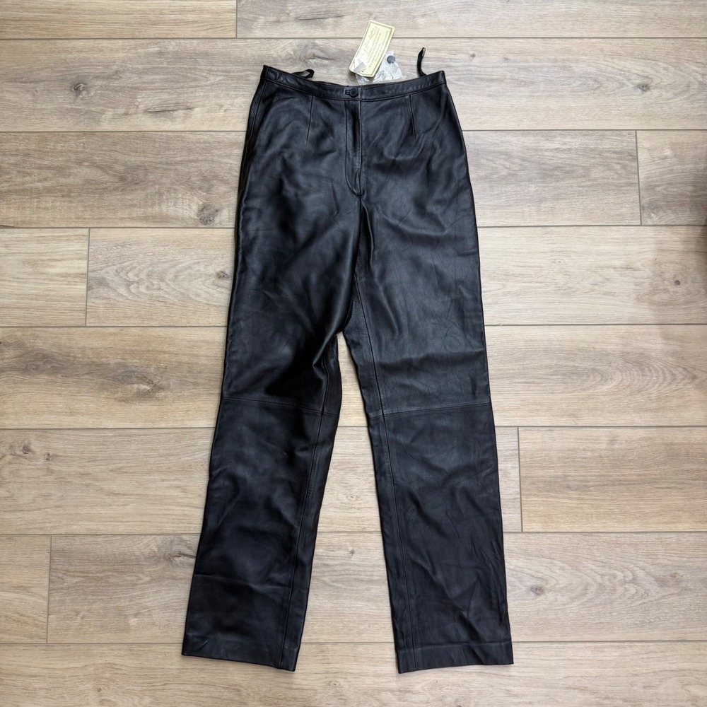 Vintage Womens Black Genuine Leather Straight Pants High Rise Flat Back NWT 6